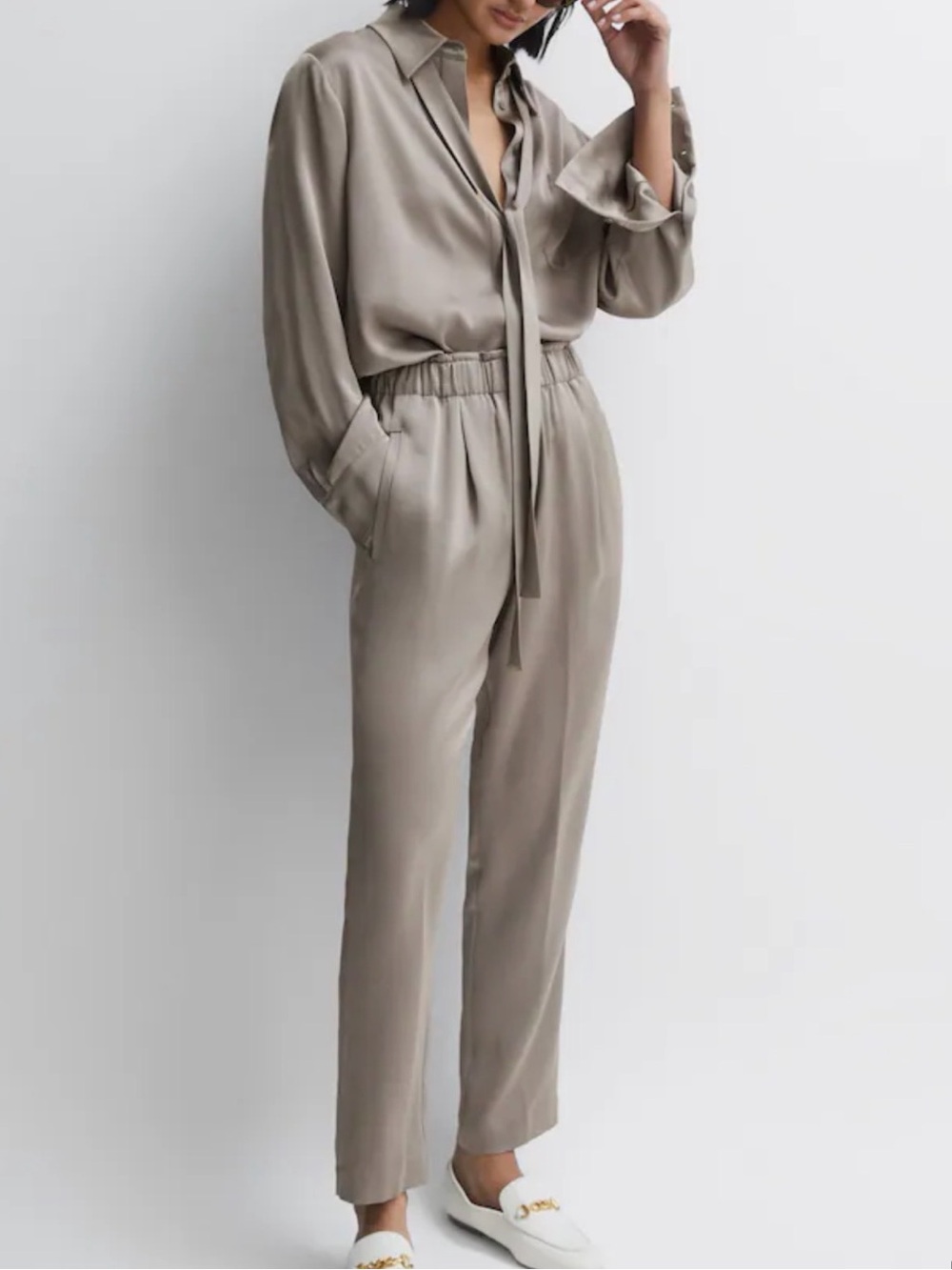 REISS Elaina Satin Tapered Pants Mink US 6 High Rise Elastic Waist EUC